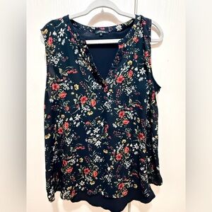 Papermoon Floral Sleeveless V-Neck Top - Navy with Red, White & Yellow Flowers